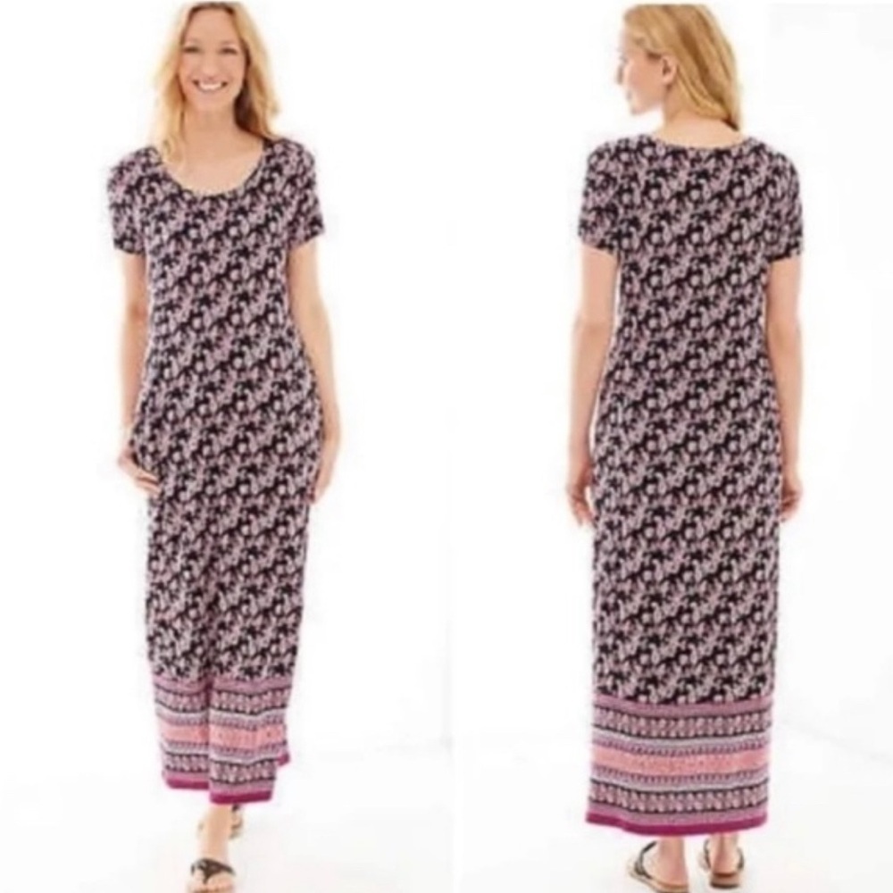 J. Jill Paisley Maxi Dress Pockets Scoop Neck Black Red Purple Orange Large Tall